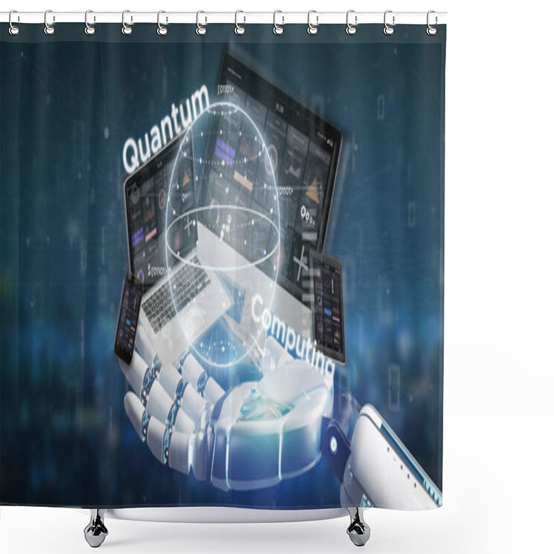 Personality  View Of Cyborg Hand Holding Quantum Computing Concept With Qubit And Devices 3d Rendering Shower Curtains