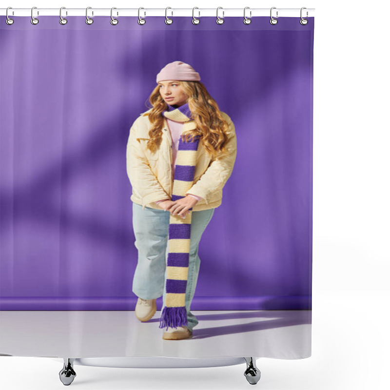 Personality  A Stylish Young Woman In A Vibrant Outfit Enjoys A Moment Of Self Expression In Winter Fashion. Shower Curtains