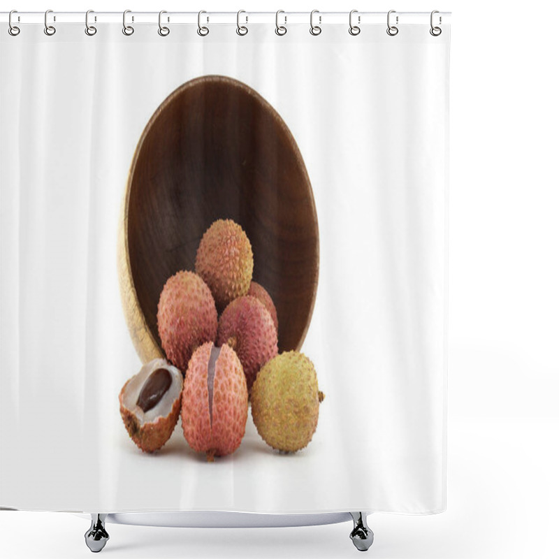 Personality  Collection Of Lychee Fruits In Green Bowl Showcasing Their Vibrant Red Skins, Juicy White Flesh And Large Central Seeds. Perfect For Concepts Of Tropical Fruits, Fresh Produce, Or Culinary Ingredients Shower Curtains