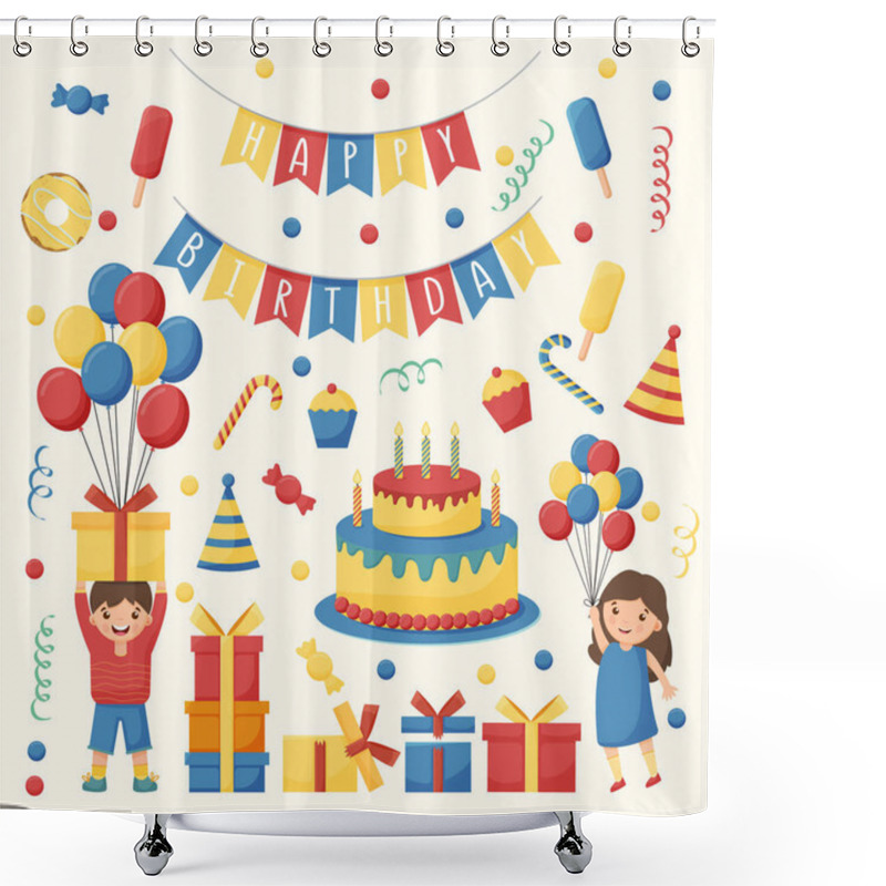 Personality  Cartoon Birthday Party Decorations. Gifts Presents, Sweet Cupcakes And Celebration Cake. Colorful Balloons.  Shower Curtains