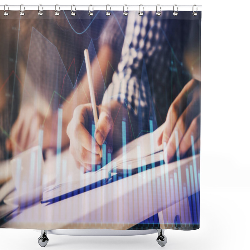 Personality  Multi Exposure Of Two Men Planing Investment With Stock Market Forex Chart. Shower Curtains