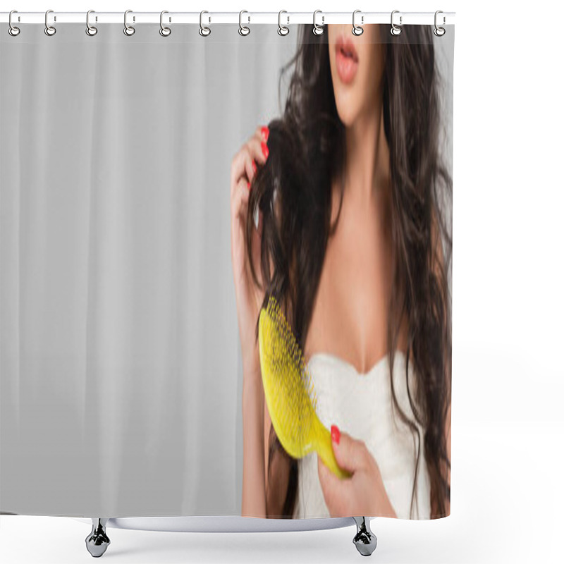 Personality  Partial View Of Woman Holding Hair Brush With Damaged And Lost Hair Isolated On Grey, Banner Shower Curtains