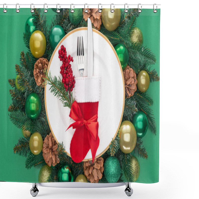 Personality  View From Above Of Fork And Knife In Santa Sock And Red Berries On Plate Surrounded By Evergreen Tree Branches With Christmas Balls Isolated On Green Shower Curtains