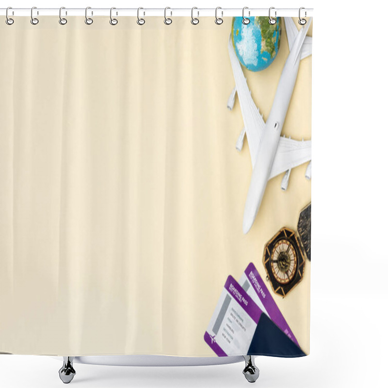 Personality  Top View Of White Plane Model, Compass, Globe And Tickets On Beige Background Shower Curtains