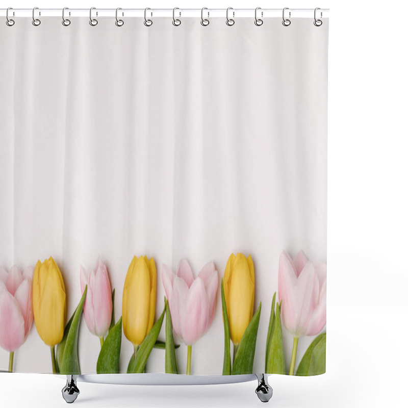 Personality  Flat Lay With Pink And Yellow Tulips Isolated On White Shower Curtains