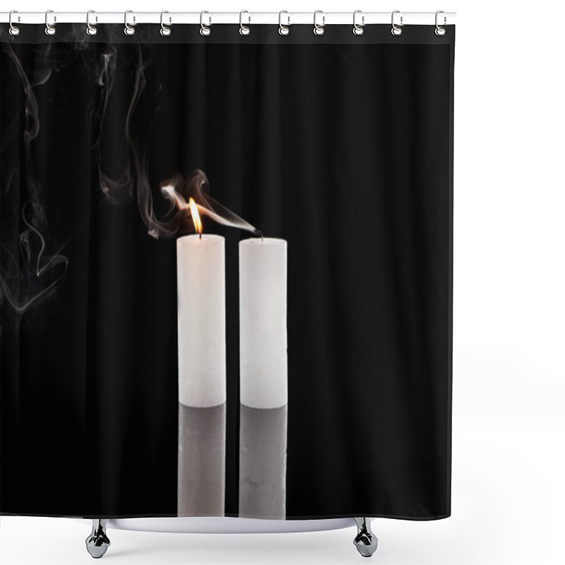 Personality  Burning And Extinct White Candles With Smoke On Black Background Shower Curtains