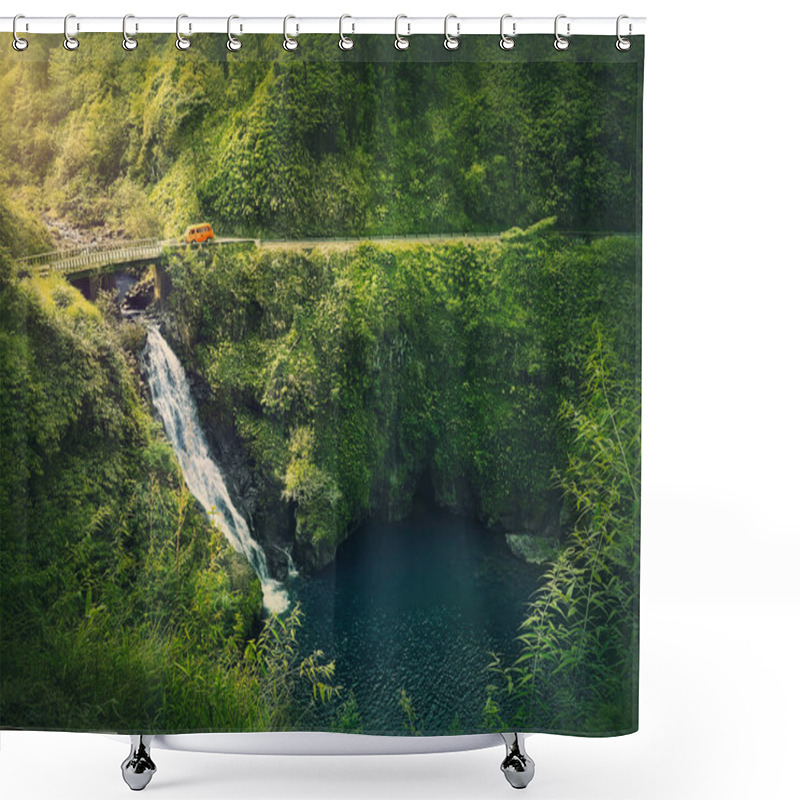 Personality  Makapipi Falls Of Maui, The Road To Hana In Hawaii. Beautiful Waterfall Underneath The Highway Bridge. Wonderful Cascade In The In Hawaiian Rainforest Among Tropical Green Fern Vegetation Shower Curtains