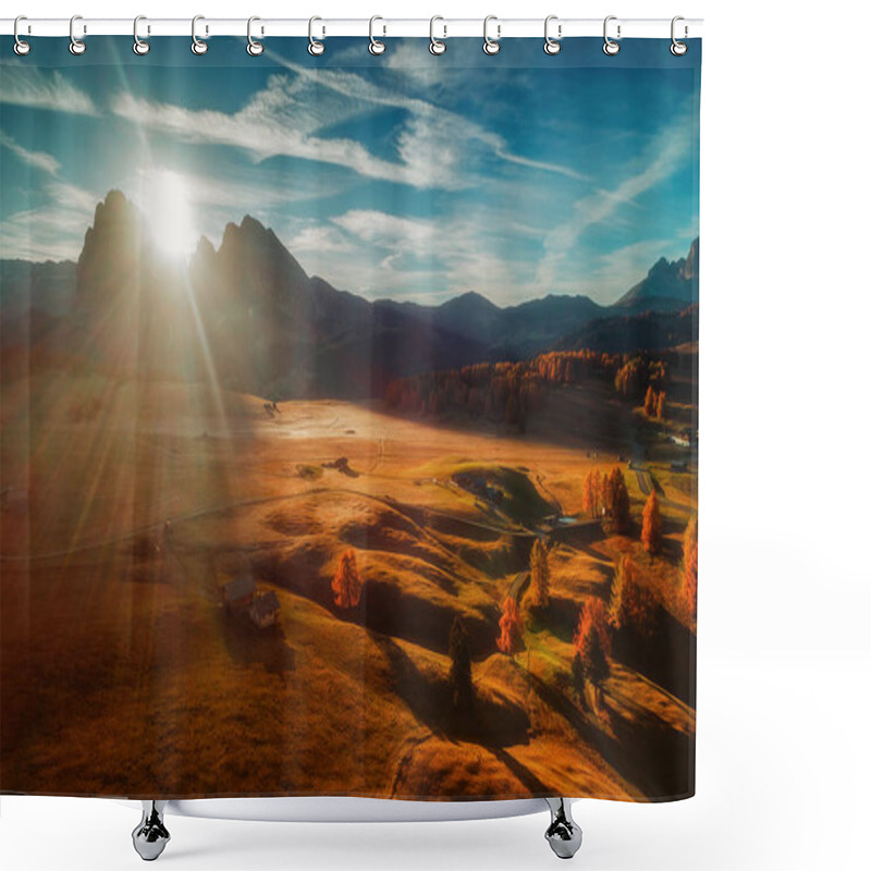 Personality  Aerial Autumn Sunrise Scenery With Yellow Larches And Small Alpi Shower Curtains