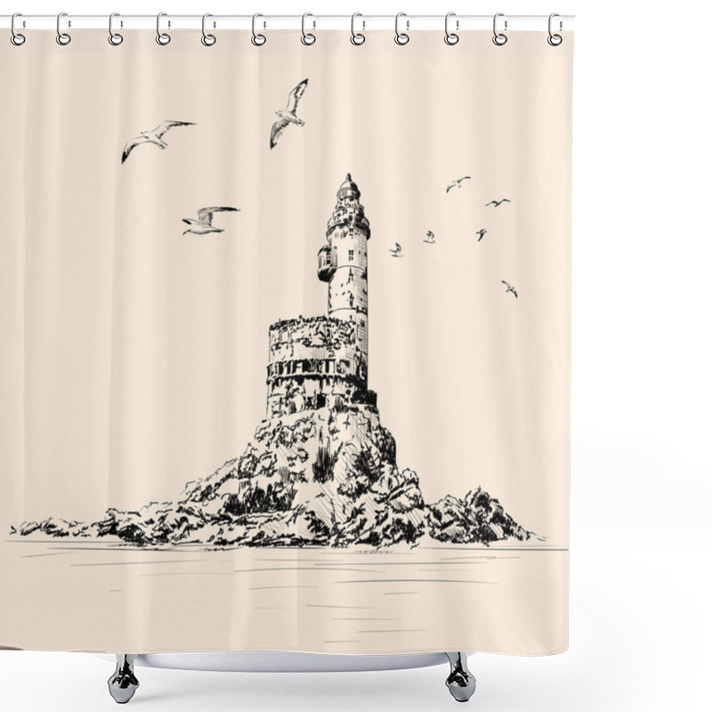 Personality  Lighthouse On The Rocky Seashore. Seagulls Fly Over The Cliff. Hand Drawing On A Beige Background. Shower Curtains