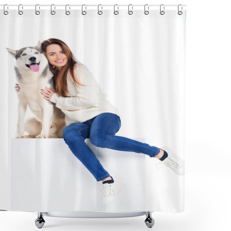 Personality  Beautiful Cheerful Girl Hugging Husky Dog, Isolated On White Shower Curtains