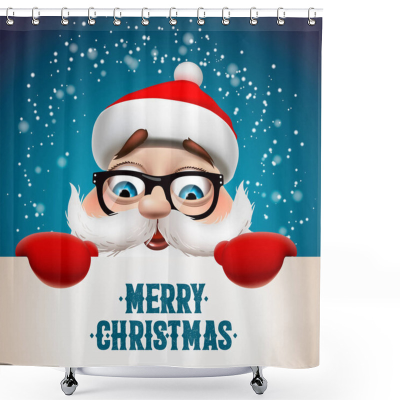 Personality  Santa Claus With Big Signboard. Merry Christmas Lettering Design. Creative Typography For Holiday Greeting, Vector Illustration Shower Curtains