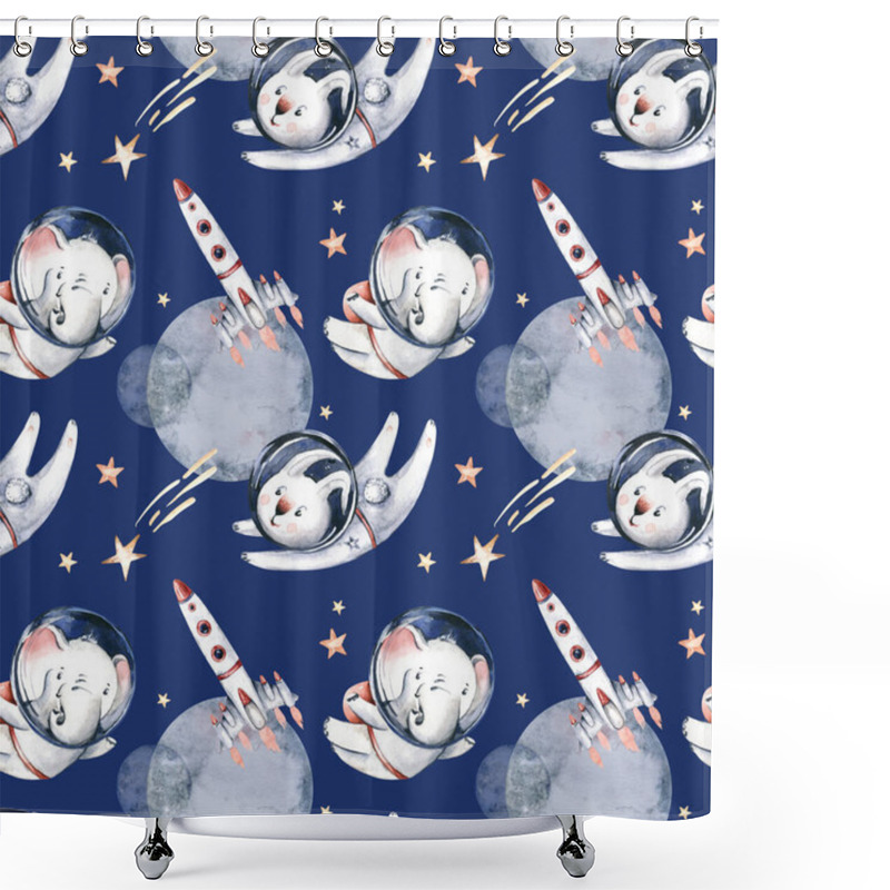 Personality  Astronaut Seamless Pattern. Universe Kids Baby Boy Girl Elephant, Fox Cat And Bunny, Space Suit, Cosmonaut Stars, Planet, Moon, Rocket And Shuttle Watercolor Space Ship Background. Shower Curtains