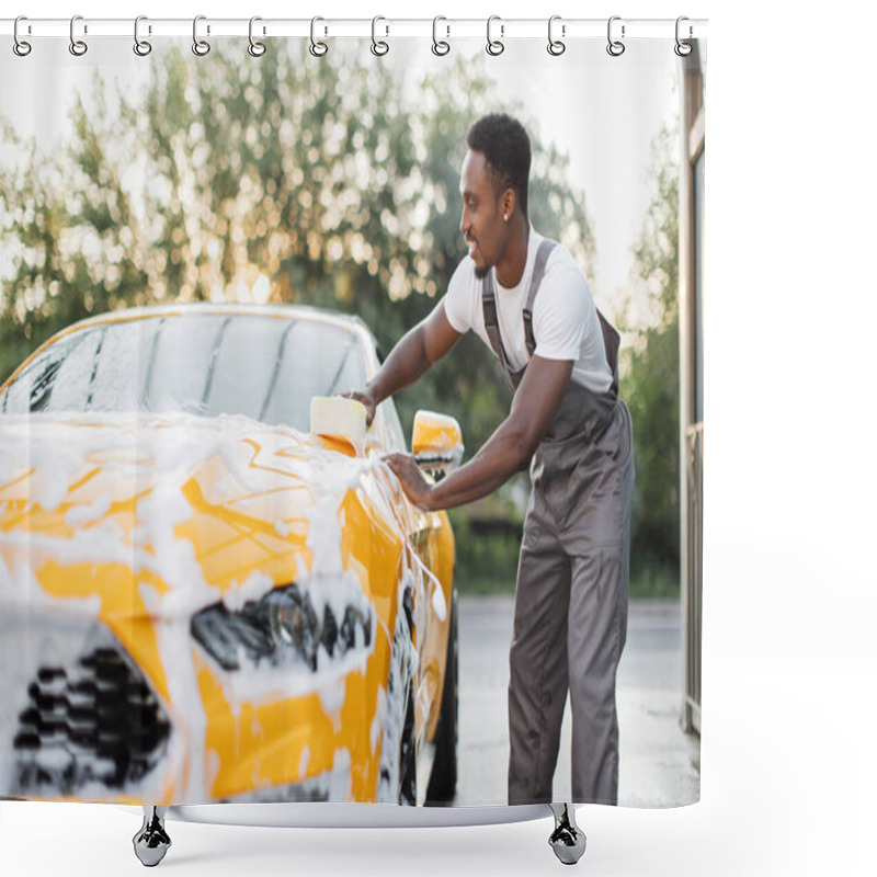 Personality  Horizontal View Of Car Cleaning At Self Wash Service Outdoors. Shower Curtains