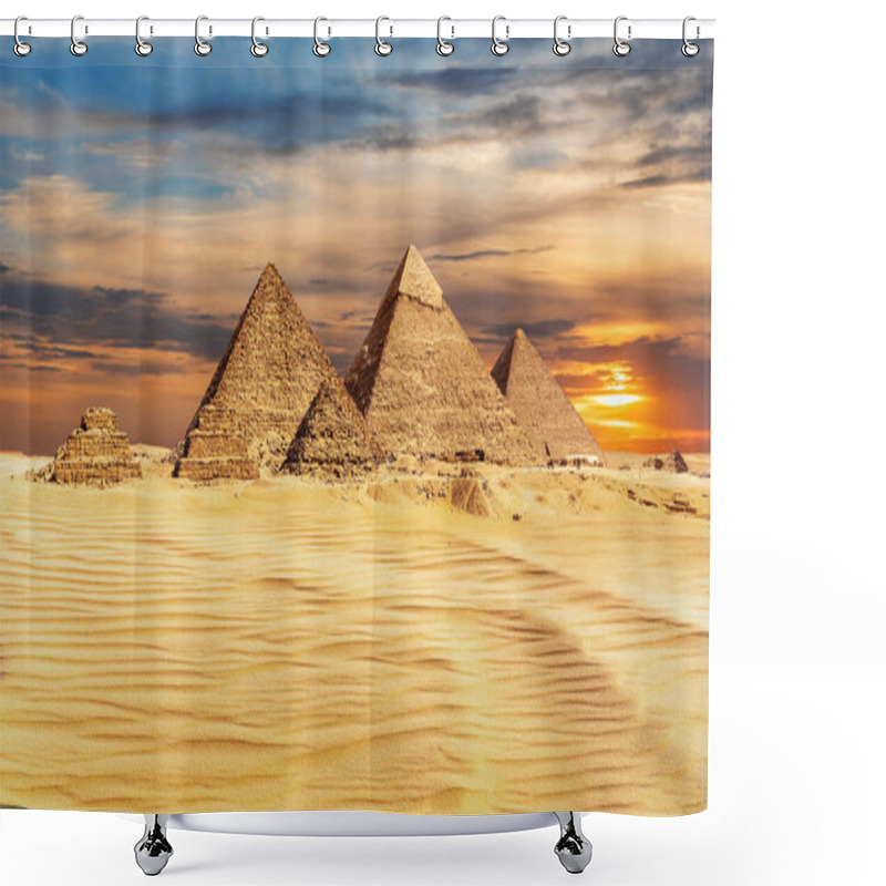 Personality  Pyramids Of Egypt At Sunset, Famous Wonder Of The World, Giza. Shower Curtains