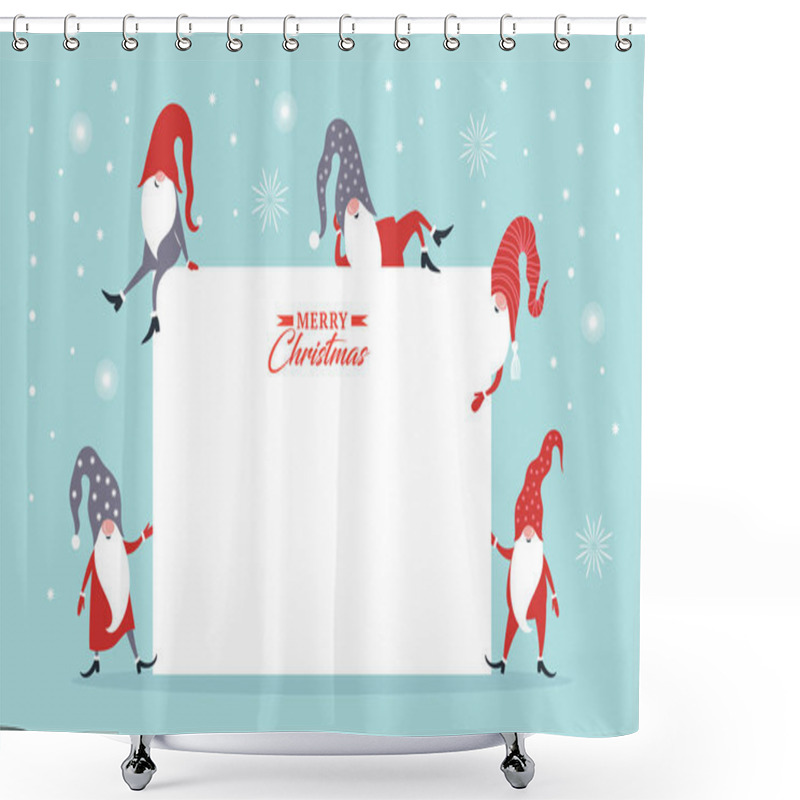 Personality  Christmas Banner With Place For Your Text. Christmas Greeting Card. Happy New Year. Merry Christmas. Cute Gnomes In Hats. Seasons Greetings. Shower Curtains