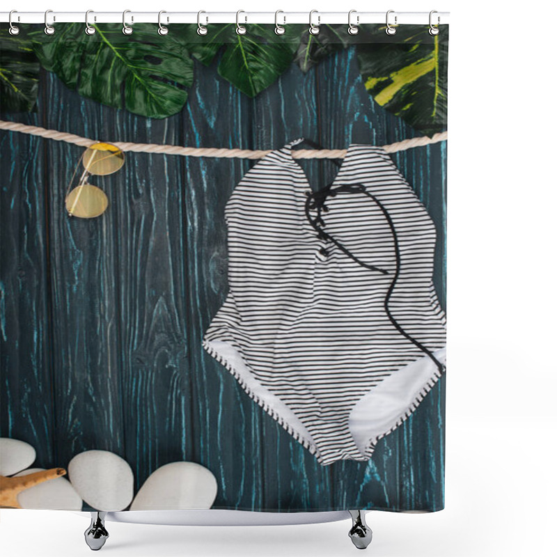 Personality  Top View Of Striped Swimsuit Near Sunglasses, Leaves And Sea Stones On Dark Wooden Background Shower Curtains