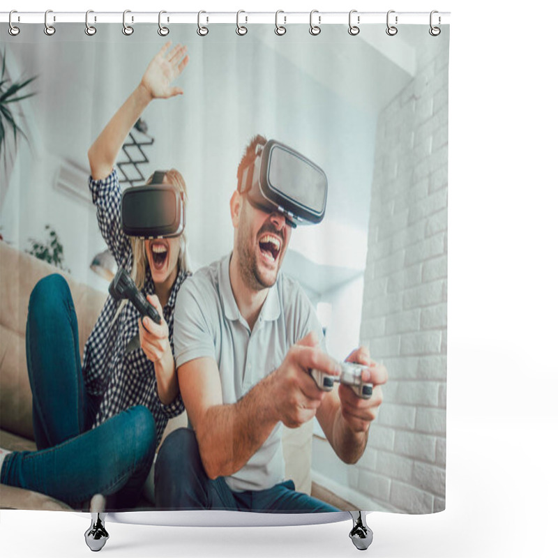 Personality  Happy Friends Playing Video Games With Virtual Reality Glasses - Young People Having Fun With New Technology Console Online Shower Curtains