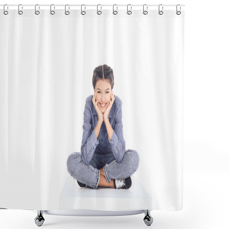 Personality  Teenage Student Girl Sitting On Floor And Looking At Camera Isolated On White Shower Curtains