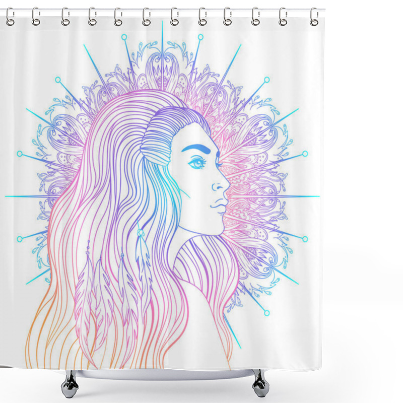 Personality  Isolated On White Illustration Of Native American Indian Girl With Feathers And Dream Catcher. Shower Curtains