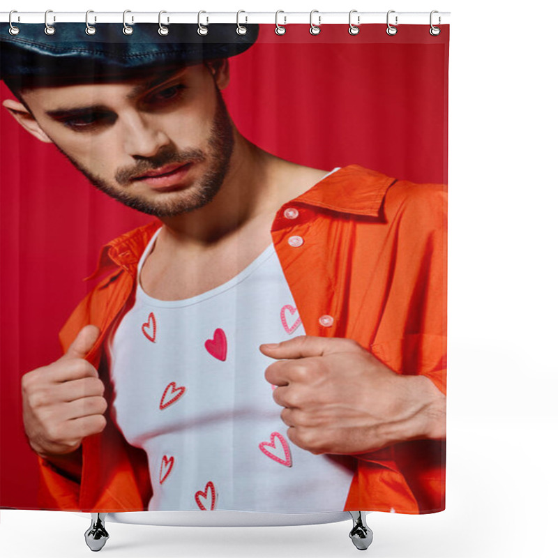 Personality  A Romantic Man Shows Off His Style In A Heart-patterned T-shirt On A Red Backdrop. Shower Curtains