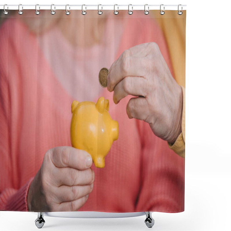 Personality  Cropped View Of Senior Man Putting Coin In Yellow Piggy Bank Shower Curtains