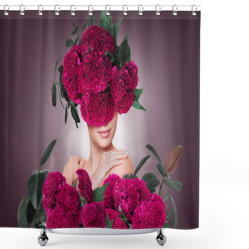 Personality  Poster Creative Collage Of Weird Lady With Pink Flowers Beauty Cosmetics Product Concept. Shower Curtains