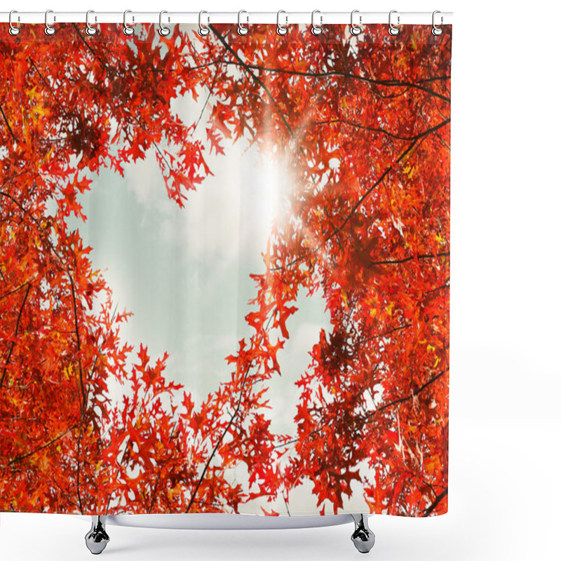 Personality  Heart Shaped Autumn Foliage On Sky Background. Love Nature Concept. Shower Curtains