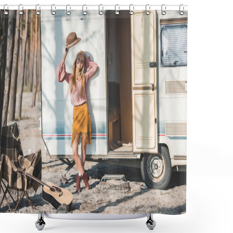 Personality  Young Hippie Woman With Hat Posing Near Trailer With Guitar In Forest Shower Curtains