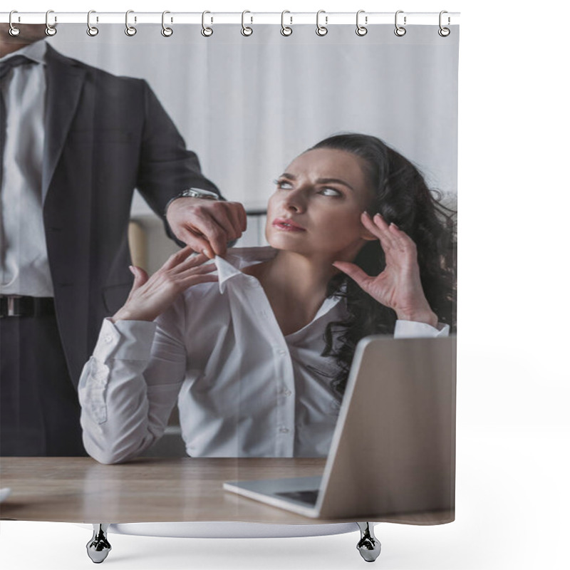 Personality  Cropped View Of Businessman Touching Blouse Of Angry Secretary Sitting At Workplace Shower Curtains