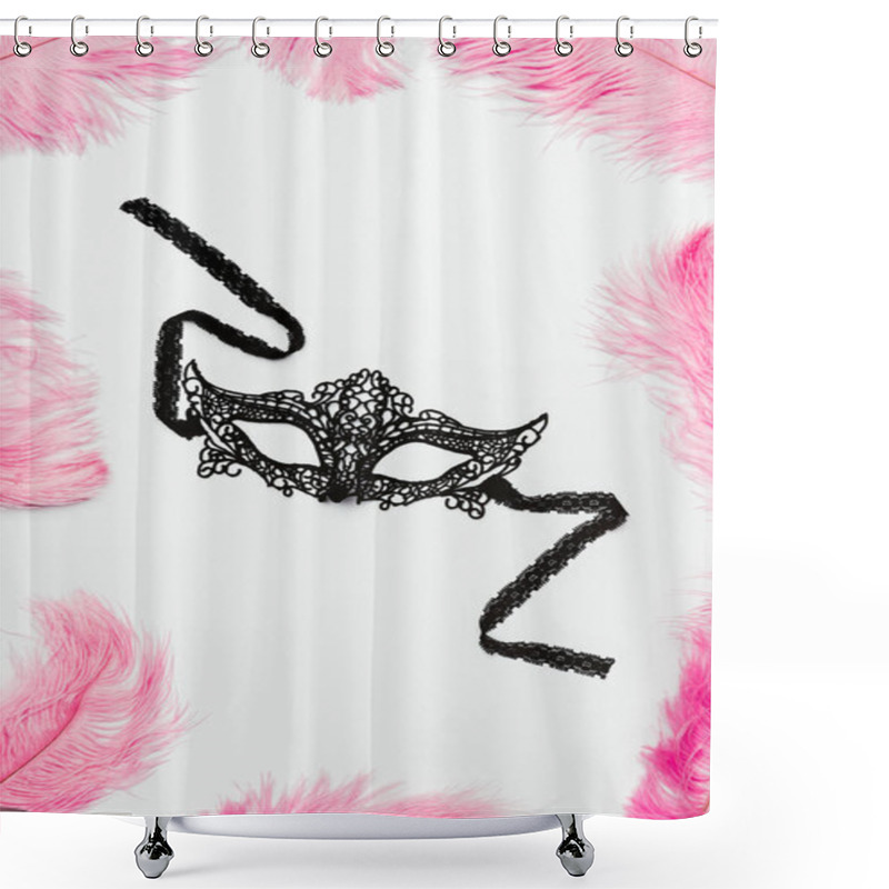 Personality  Black Lacy Mask With Pink Feathers Isolated On White Shower Curtains