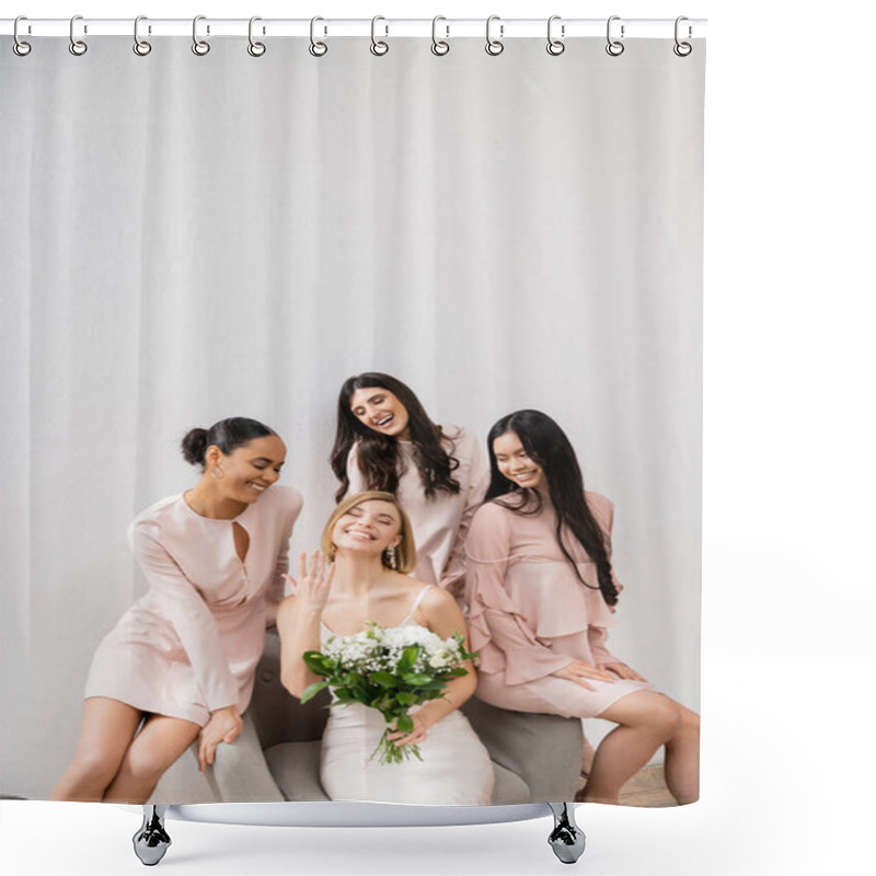 Personality  Wedding Photography, Diversity, Four Women, Joyful Bride With Bouquet Showing Her Engagement Ring Near Bridesmaids, Wedding Day, Sitting On Armchair, Grey Background, Happiness And Joy  Shower Curtains