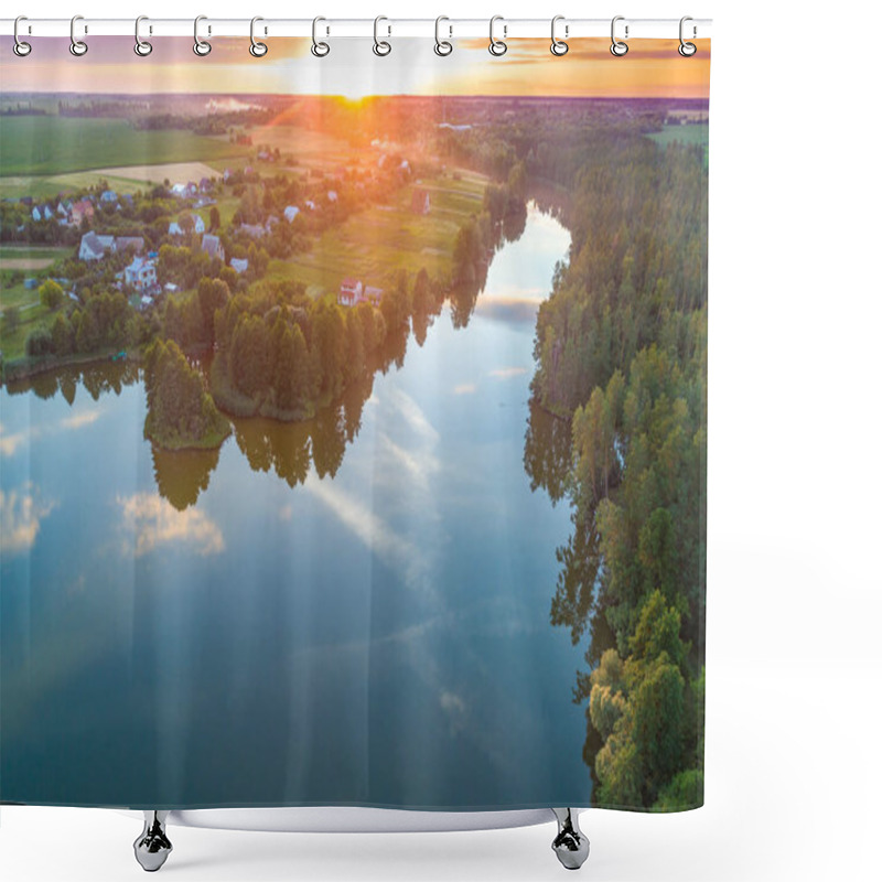 Personality  The Magical Sunrise Over The Lake. Rural Landscape Shower Curtains