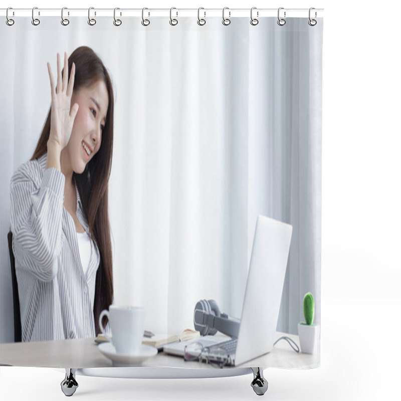 Personality  Young Asian Women Are Greeting Friends And Teachers Through Video Chats And Greeting Them With Cheerful Expressions, Online Communication , Stay Home, New Normal, Covid-19 Coronavirus, Social Distancing, Internet Learning. Shower Curtains