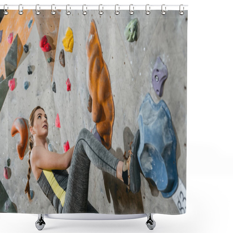 Personality  Woman Climbing Wall With Grips Shower Curtains