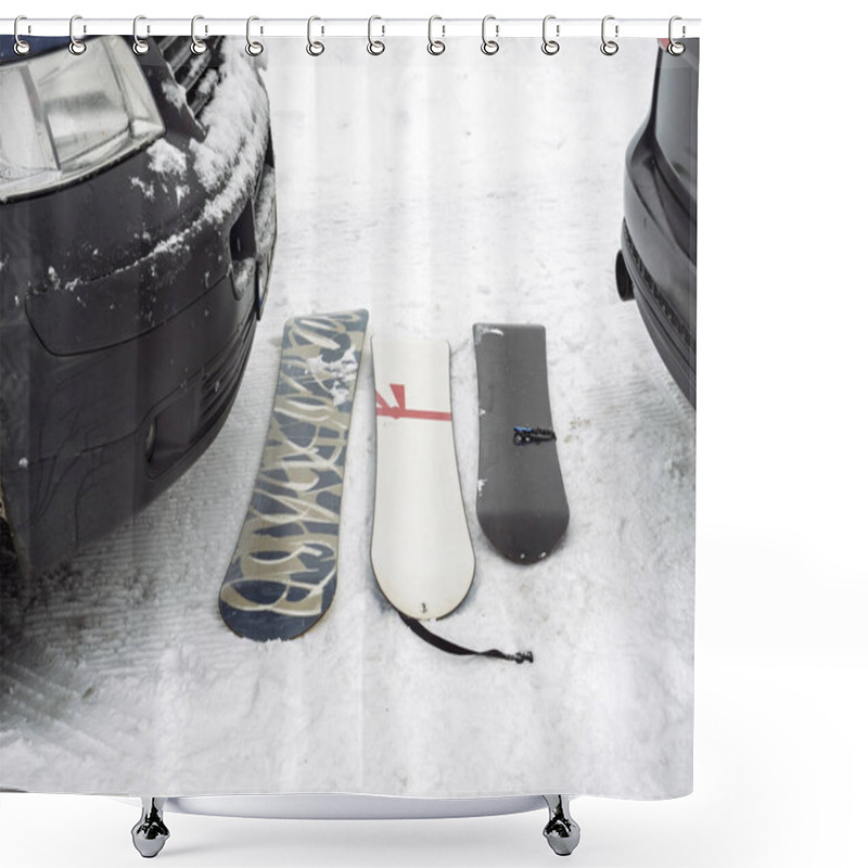 Personality  Three Snowboards Displayed On Snowy Ground In A Winter Parking Lot Between Two Cars, Highlighting Winter Sports Equipment And Snowy Conditions. Shower Curtains