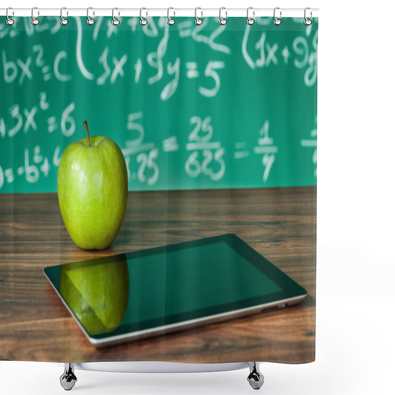 Personality  Digital Tablet And Apple On The Desk Shower Curtains