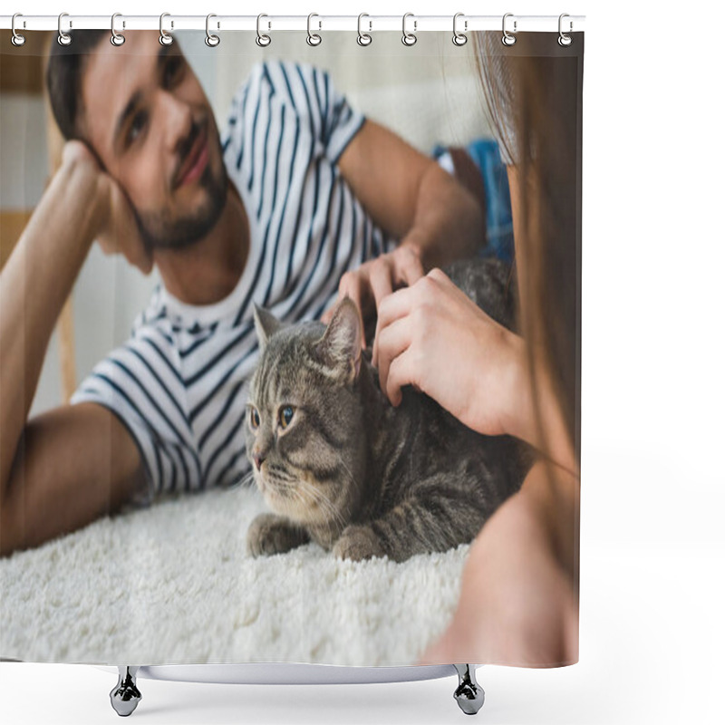 Personality  Young Couple Petting Cat While Lying On Floor At Home Shower Curtains