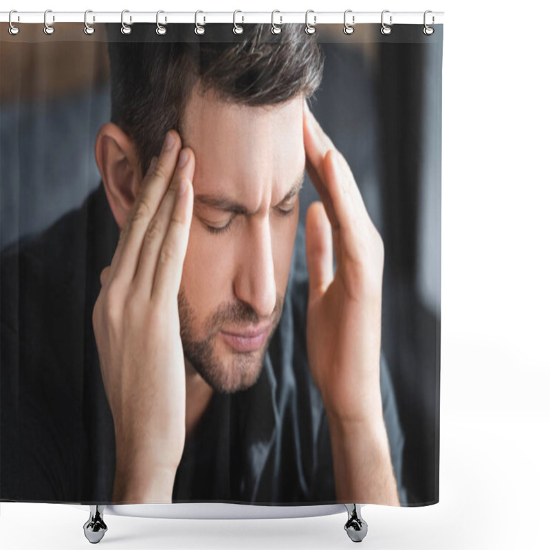 Personality  Handsome Man With Headache Touching Head In Apartment  Shower Curtains