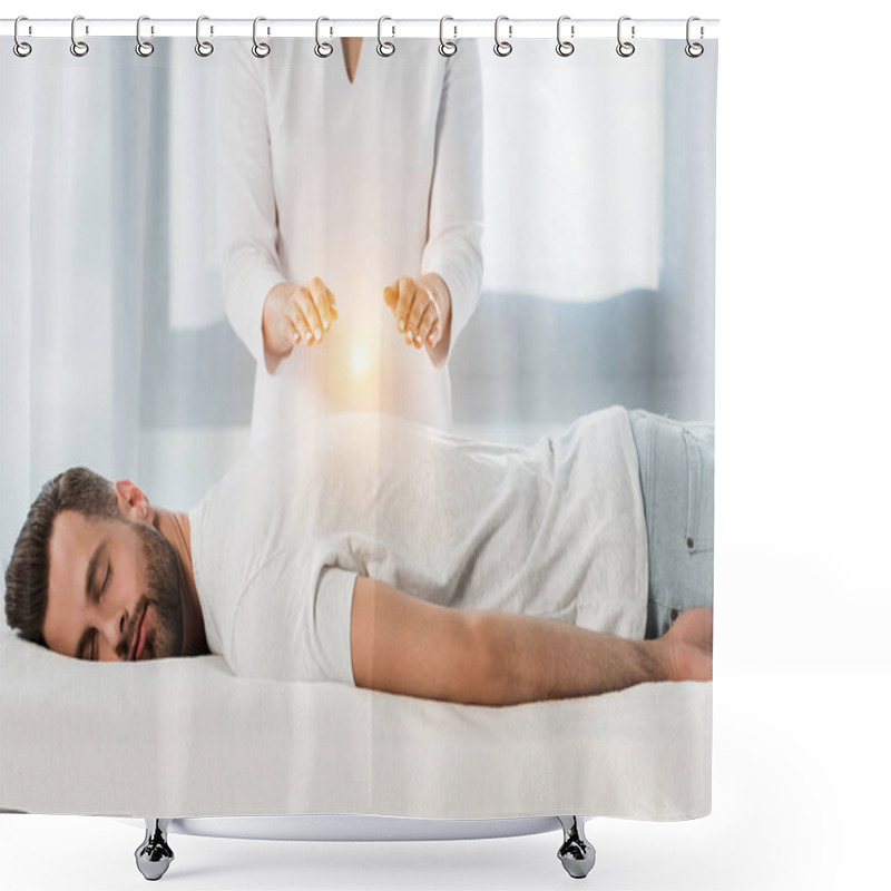 Personality  Cropped View Of Woman Healing Man While Putting Hands Above Body Shower Curtains