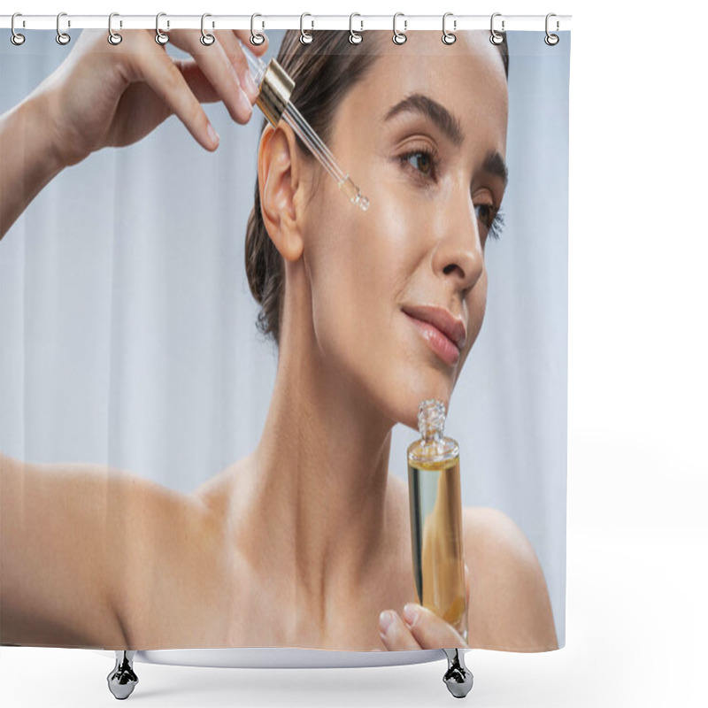 Personality  Caucasian Attractive Lady Posing For Camera Against Light Background Shower Curtains