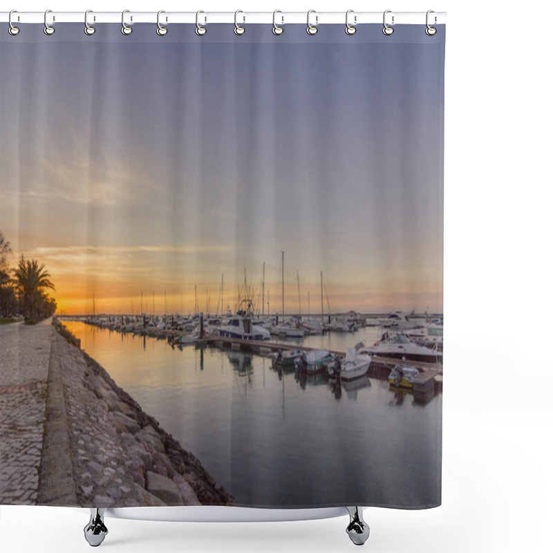 Personality  Sunrise Seascape View Of Olhao Marina, Waterfront To Ria Formosa Natural Park. Algarve.  Shower Curtains