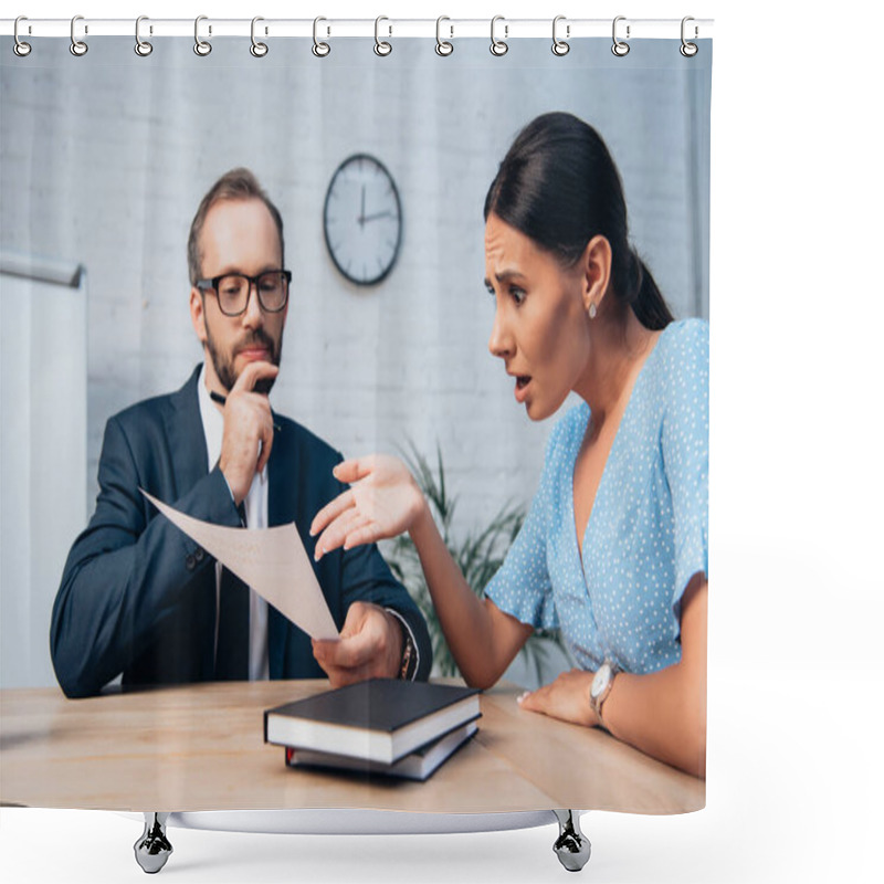 Personality  Selective Focus Of Woman Pointing With Hand At Document Near Bearded Lawyer In Glasses  Shower Curtains