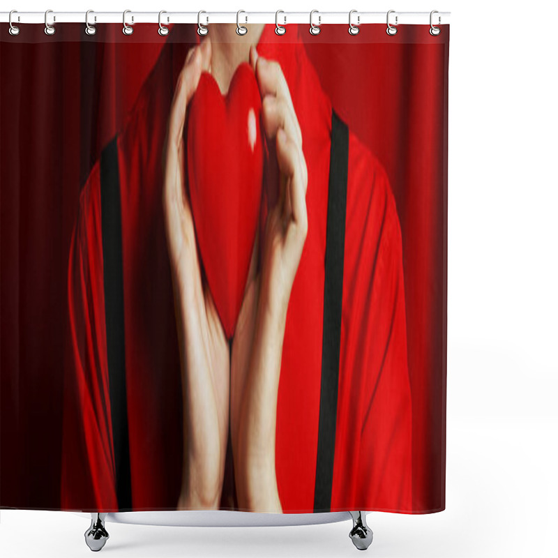 Personality  Cropped View Of Young Man Holding Small Heart In His Hands On Red Background, Valentines Day Banner Shower Curtains