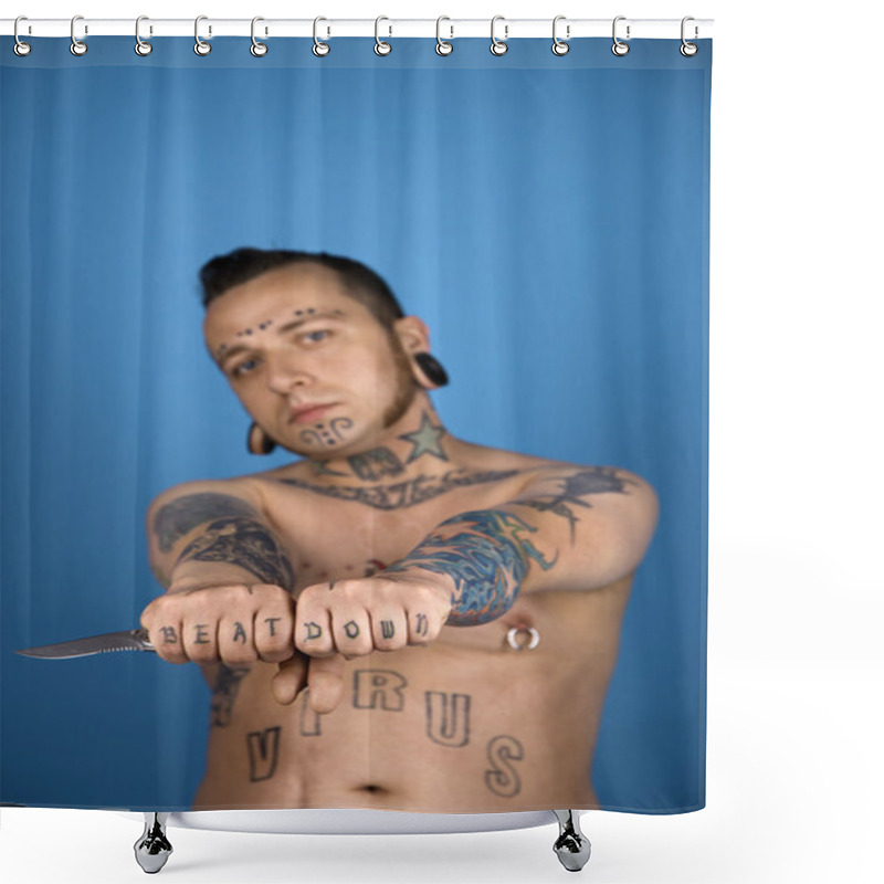 Personality  Tattooed Man Holding Knife. Shower Curtains