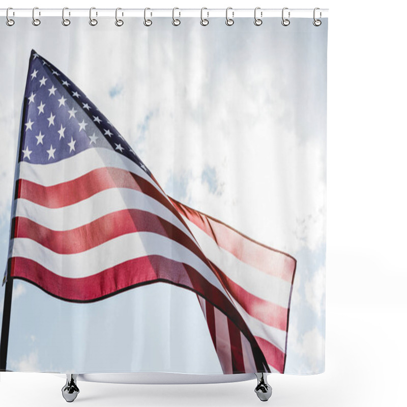 Personality  Low Angle View Of National American Flag With Stars And Stripes Against Sky With Clouds  Shower Curtains