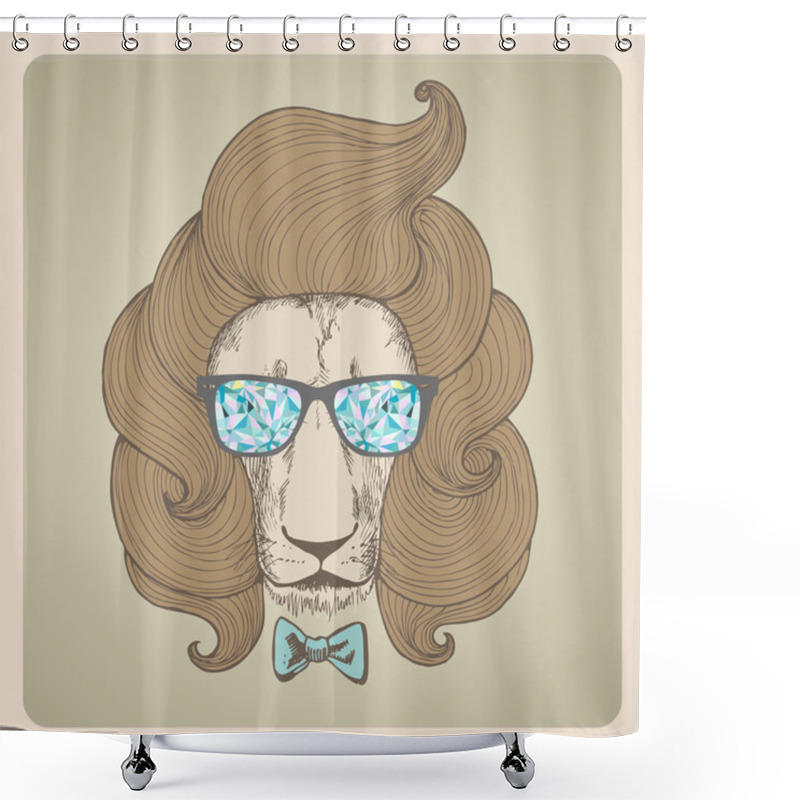 Personality  Portrait Of A Lion With A Chic Haircut With Glasses. Shower Curtains