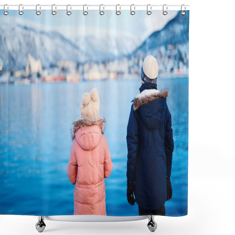 Personality  Back View Of Kids Brother And Sister Enjoying Stunning View Of Tromso Town In  Northern Norway Shower Curtains