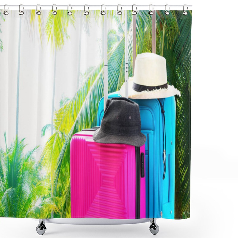 Personality  Blue And Pink Trunks Two Suitcases Luggage Travel Things Accessories Clothes Summer Caps Concept Summer Holiday Adventure Preparation Trip Isolated On Palm Tropical Background Shower Curtains