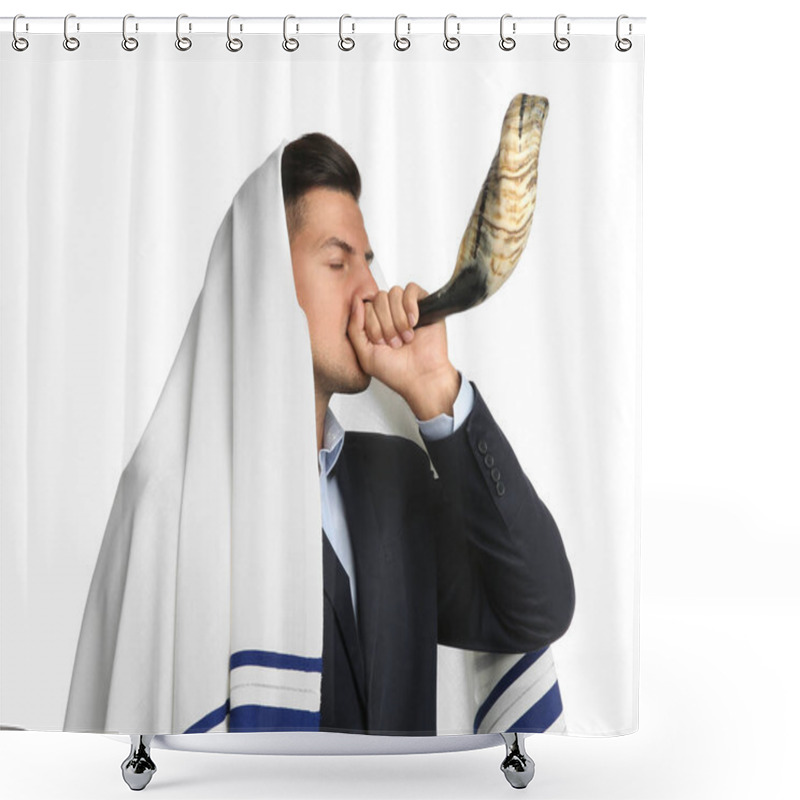 Personality  Jewish Man In Tallit Blowing Shofar On White Background. Rosh Hashanah Celebration Shower Curtains