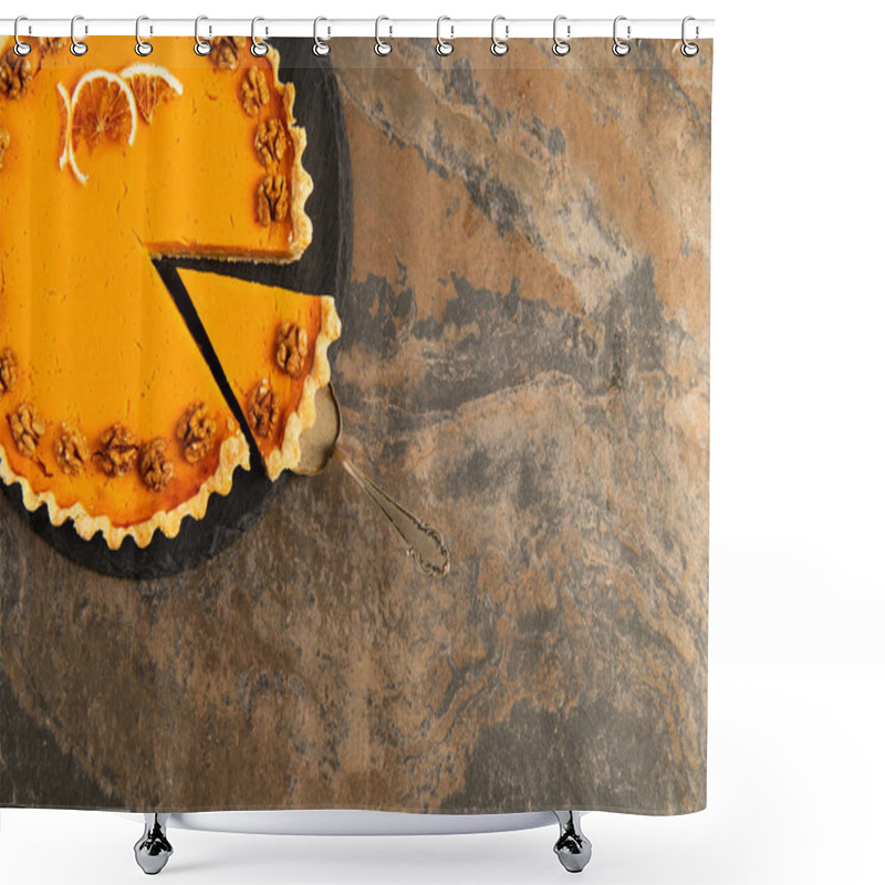 Personality  Cake Spatula Near Thanksgiving Pie Garnished With Orange Slices And Walnuts On Textured Stone Table Shower Curtains